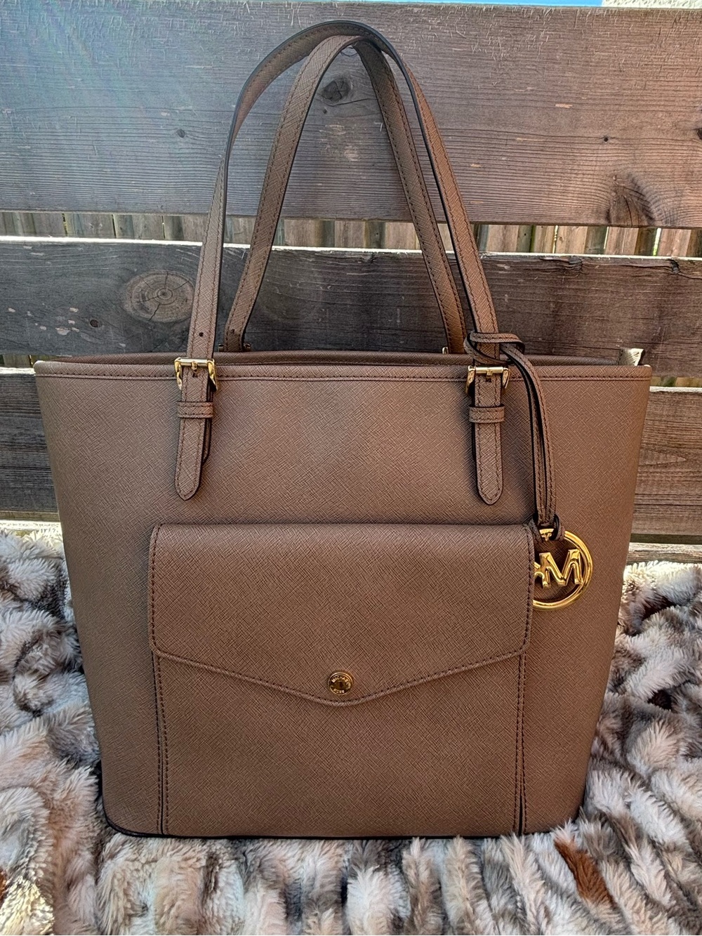 Michael Kors Large Saffiano-Textured Pocket Tote Taupe Brown